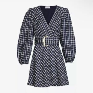 Tanya Taylor Nicola Check Belted Puff Sleeves Dress in Navy Size 2